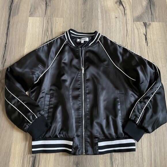 WD NY Satin Bomber Style Jacket Size Large Black White Trim Y2K - Picture 1 of 8